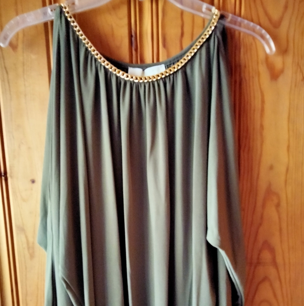 NWOT Michael Kors cold shoulder gold trimmed olive shirt